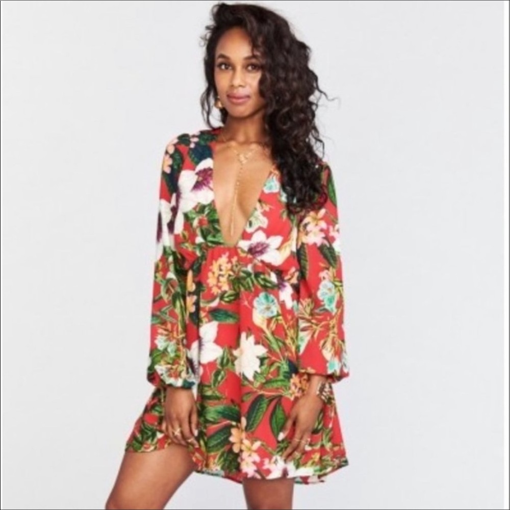 Floral Deep V Long Sleeve Mini Dress - Red Floral